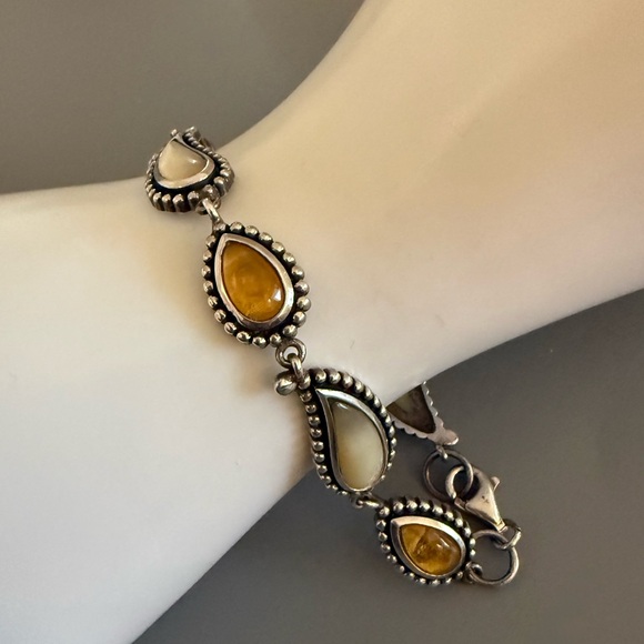 Vintage Mother of Pearl Amber Sterling Silver Bracelet VERY Unusual - Picture 4 of 6